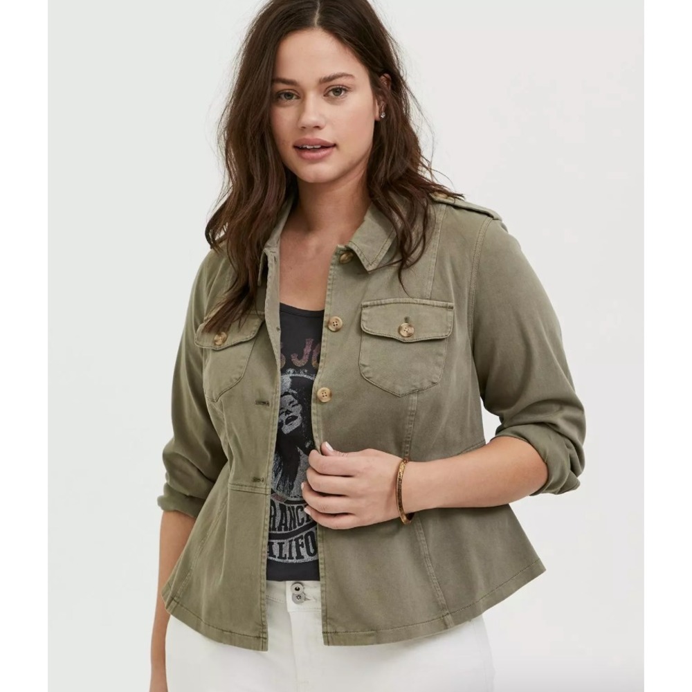 Torrid Womens Plus Size Light Olive Green Twill Peplum Utility Jacket 4